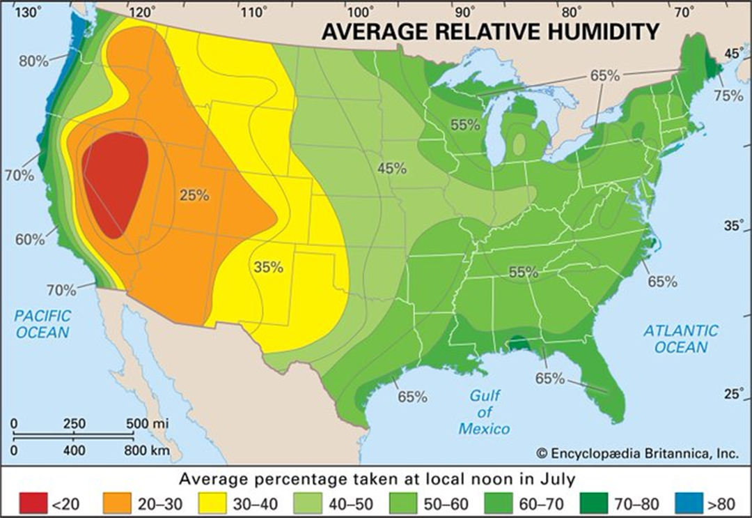 美国各州平均湿度地图